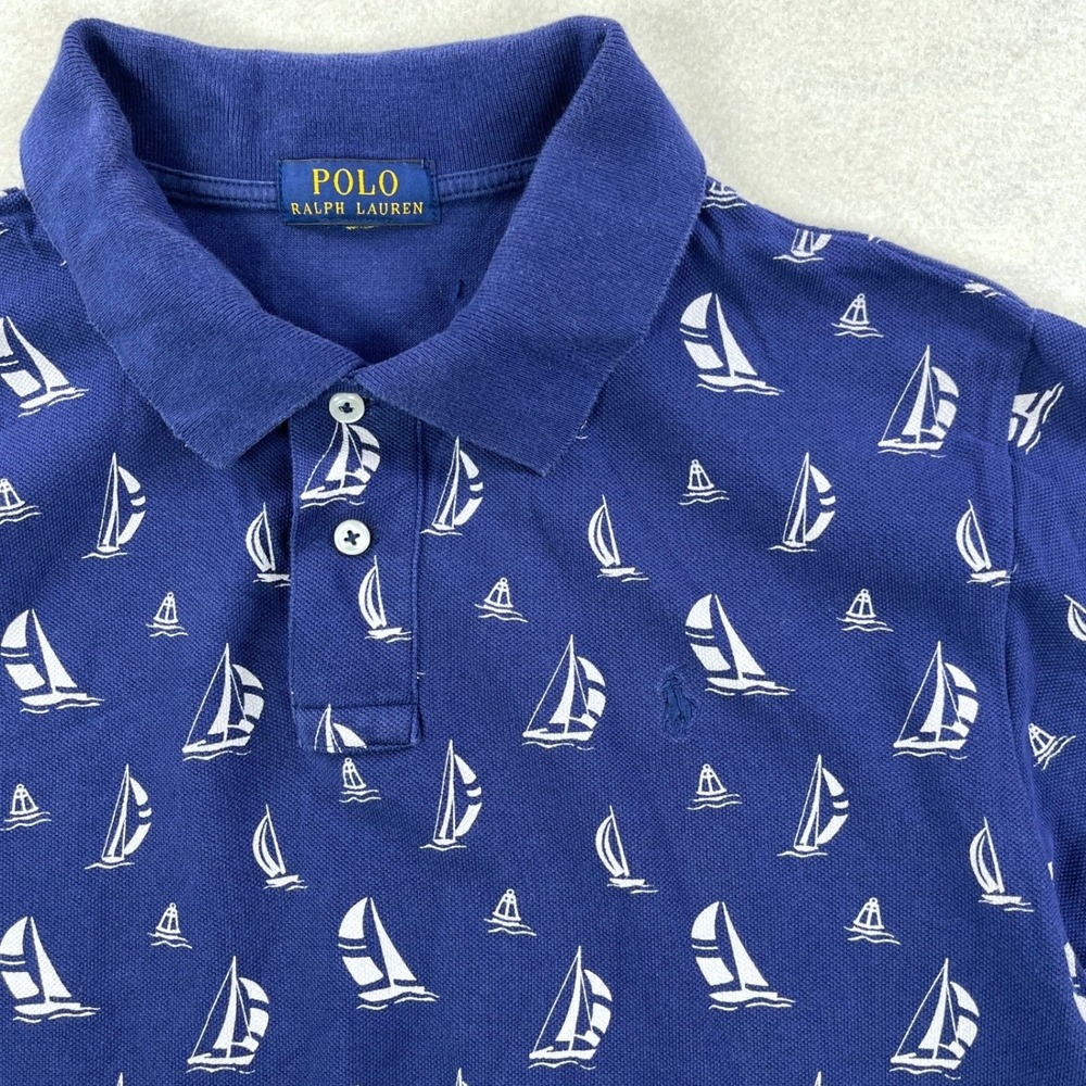 Polo Ralph Lauren Mens Navy Blue Sailboat Print Cotton Mesh Polo Shirt Size S